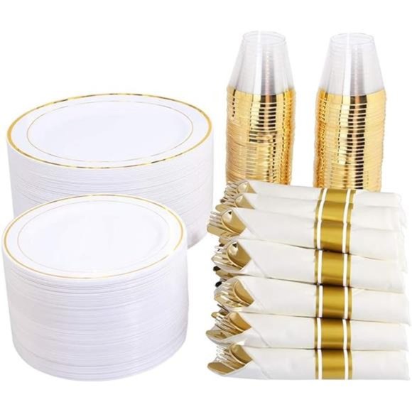 350 Pieces Gold Plastic Plates with Disposable Silverware and Cups - Picture 7 of 7